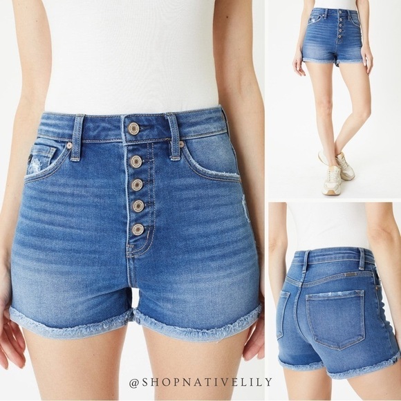 NWT KanCan Women's High-Rise Button Cuff Denim Shorts Sz Large, Medium Wash - Picture 1 of 12
